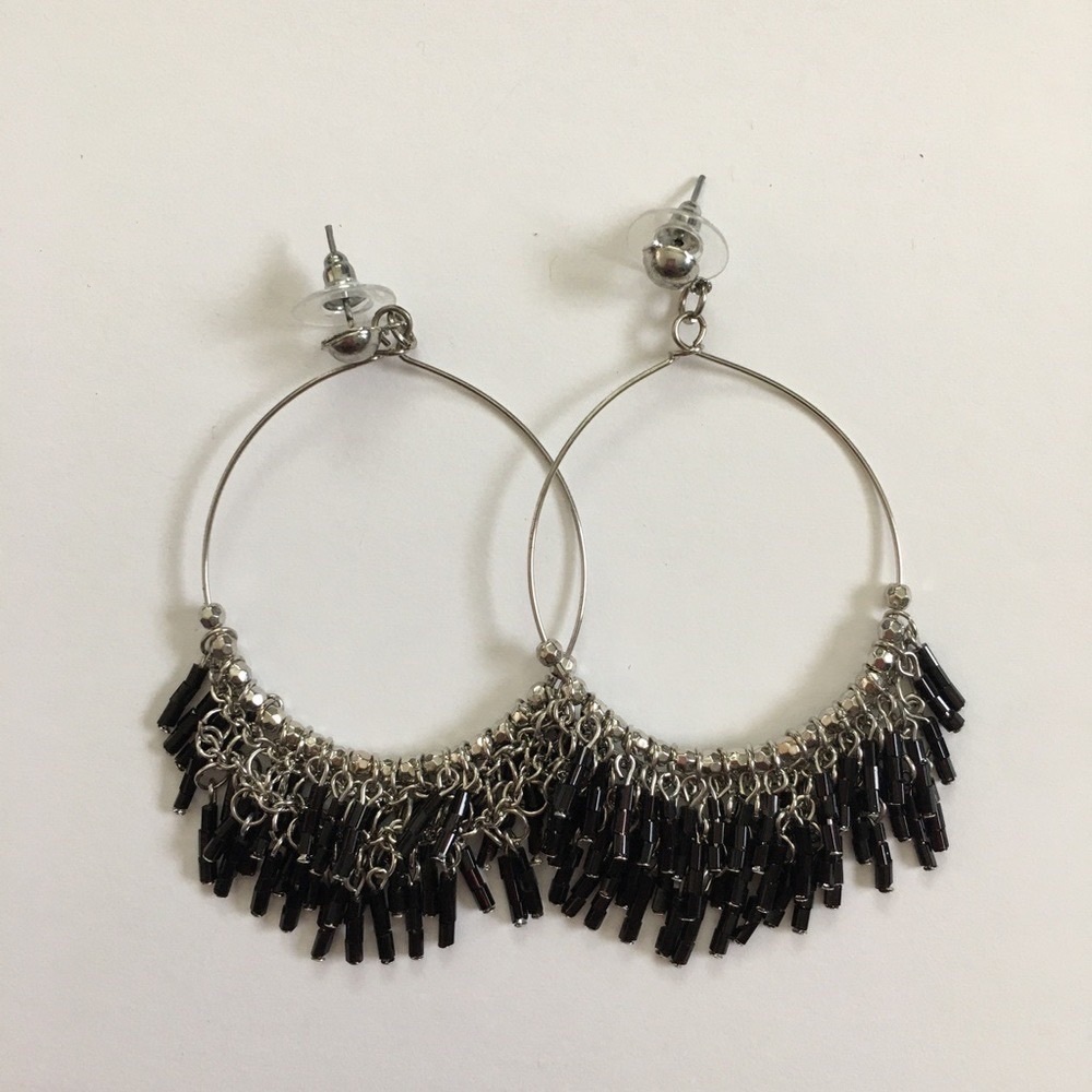 Do it Accessories Women’s black/silver hoop beaded drop stud earrings